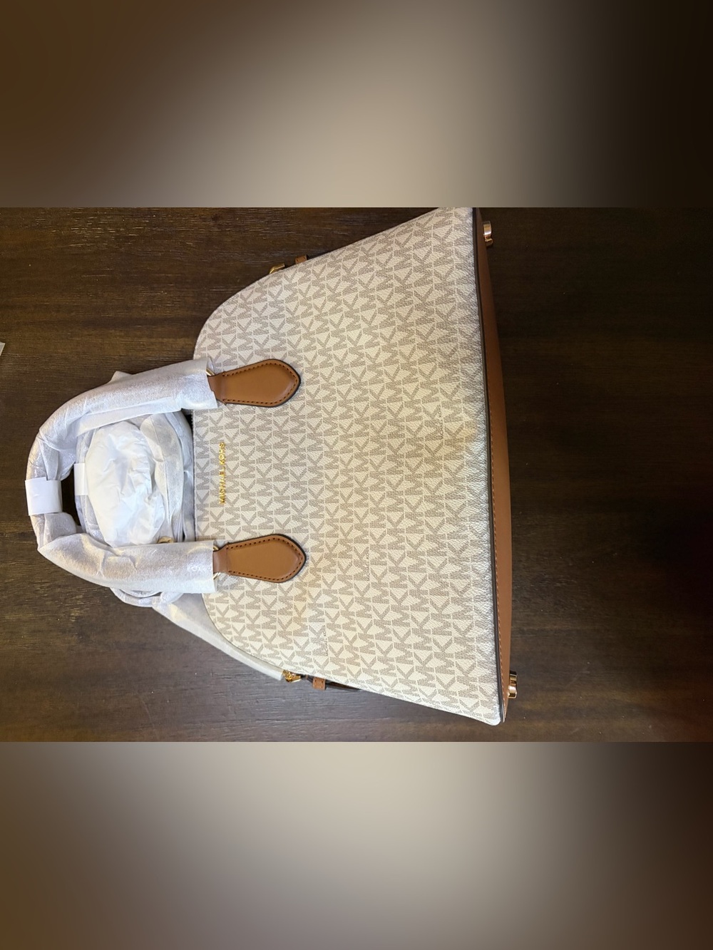 NWT Michael Kors Veronica Vanilla/Acorn MD Dome Logo Satchel with Gold Hardware
